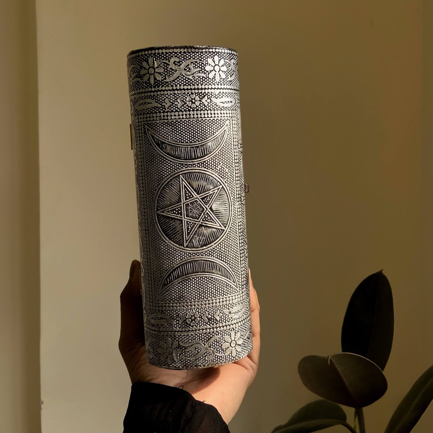 Triple Moon & Pentacle Alumiunium Sheet Covered Wooden Box Altarware | Altar