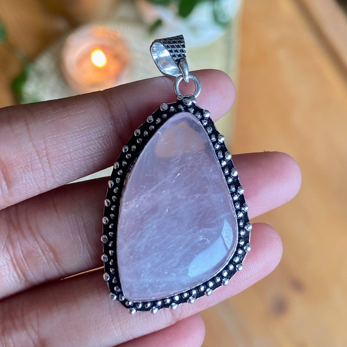 Rose Quartz Oxidised Statement Pendant | Stone Of Love & Self Love Crystal Stones