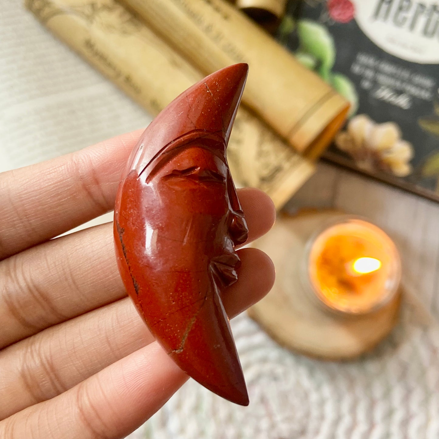 Red Jasper Crescent Moon Carving | Healing & Grounding