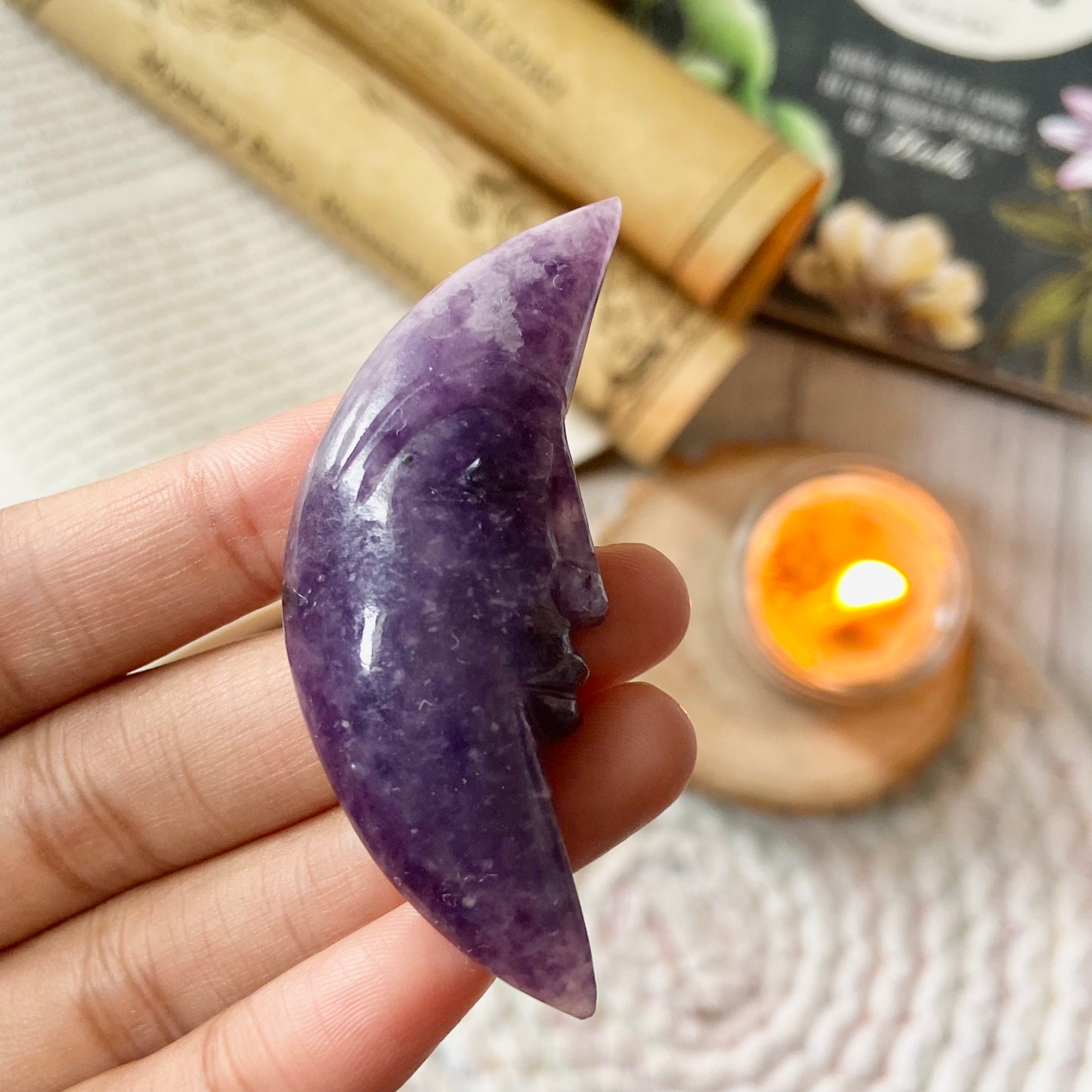 Lepidolite Crescent Moon Crystal Carving | Helps discover Personal Purpose & Success