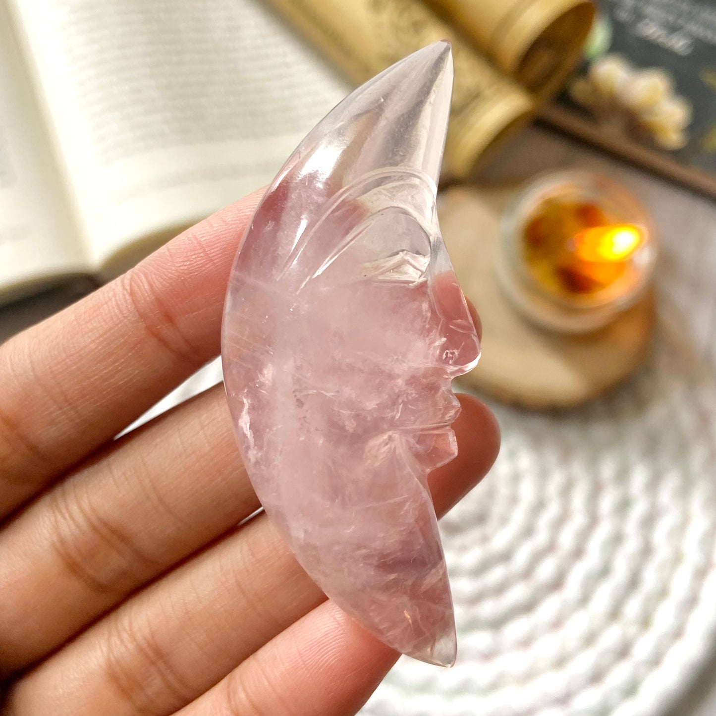 Rose Quartz Crescent Moon Crystal Carving | Stone of Love & Self Love