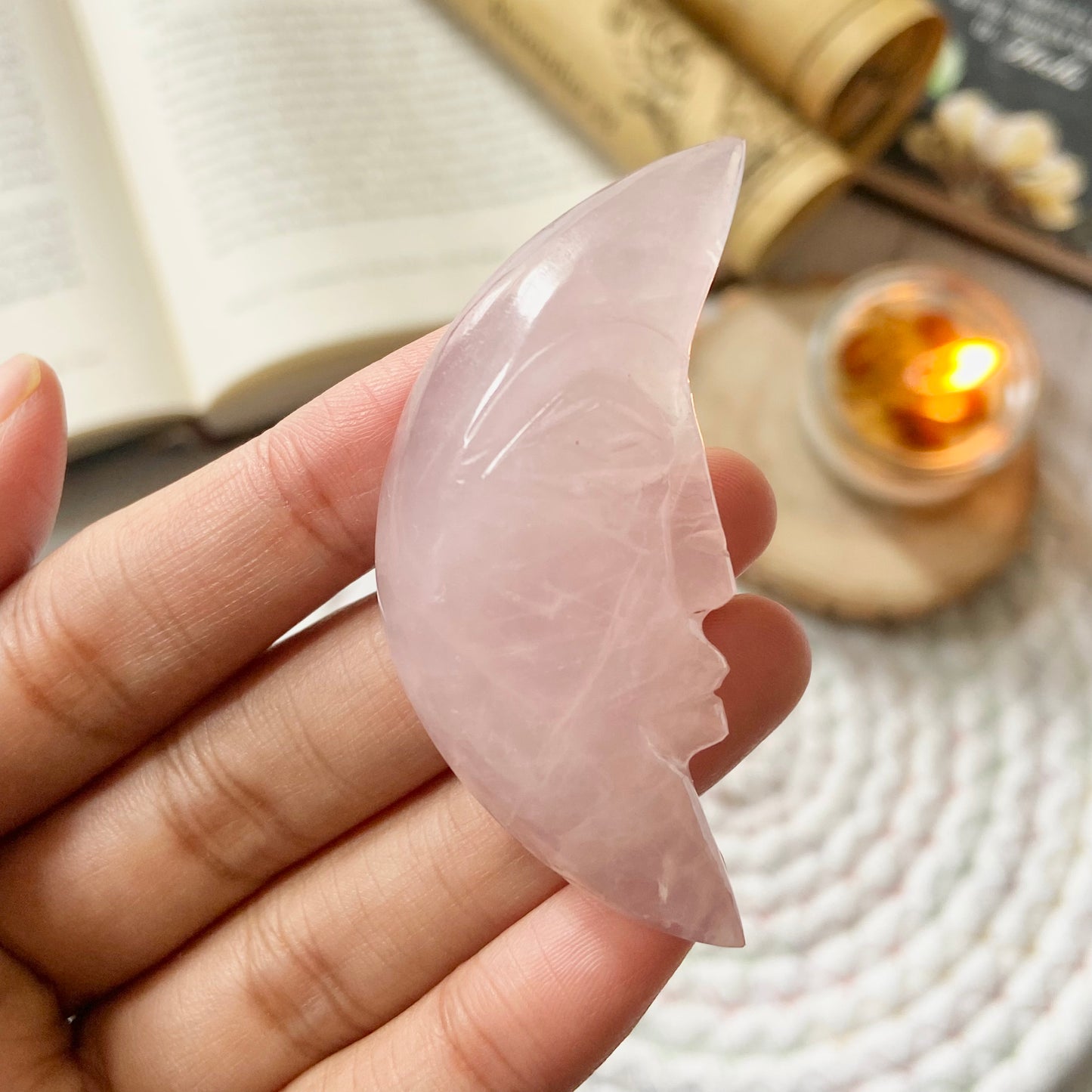 Rose Quartz Crescent Moon Crystal Carving | Stone of Love & Self Love