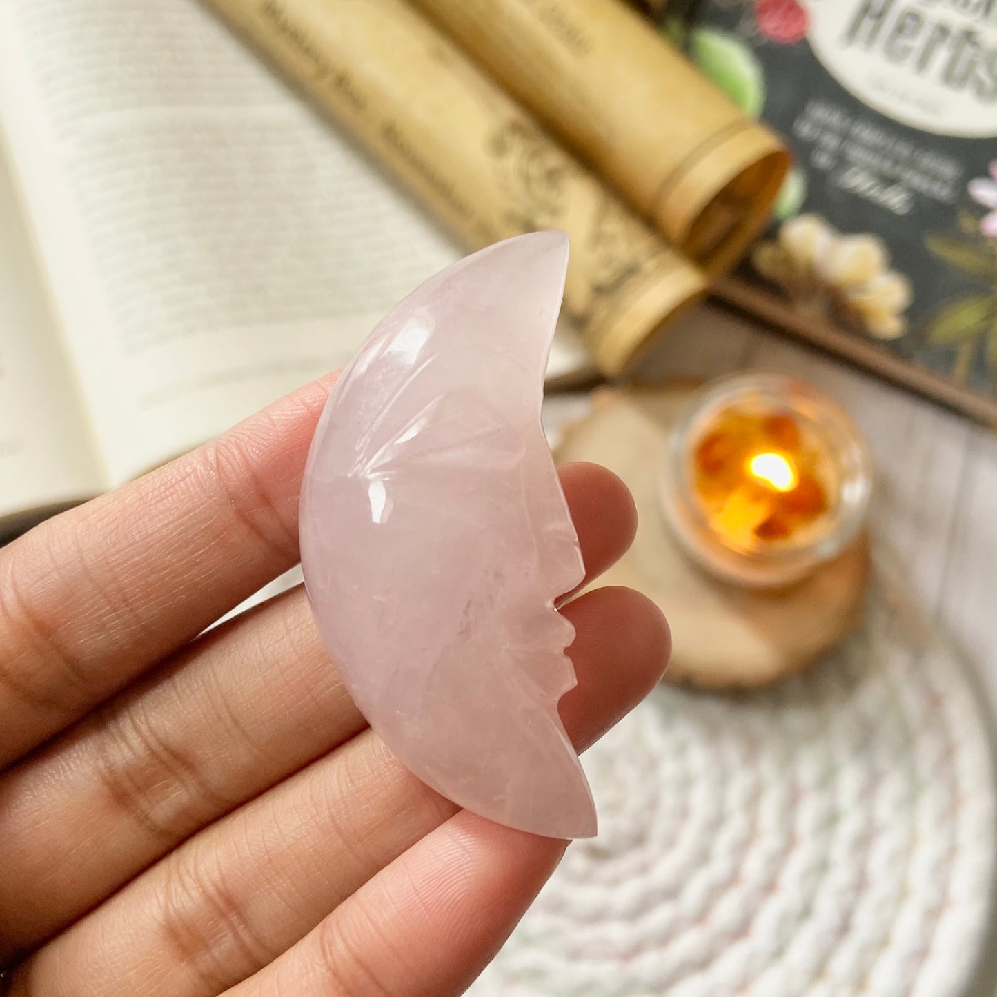 Rose Quartz Crescent Moon Crystal Carving | Stone of Love & Self Love