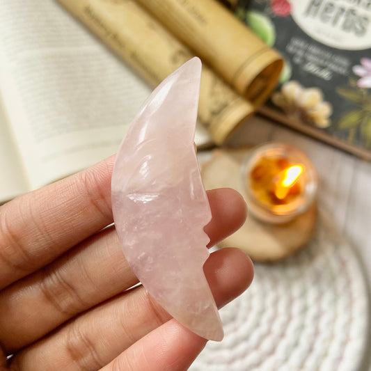 Rose Quartz Crescent Moon Crystal Carving | Stone of Love & Self Love