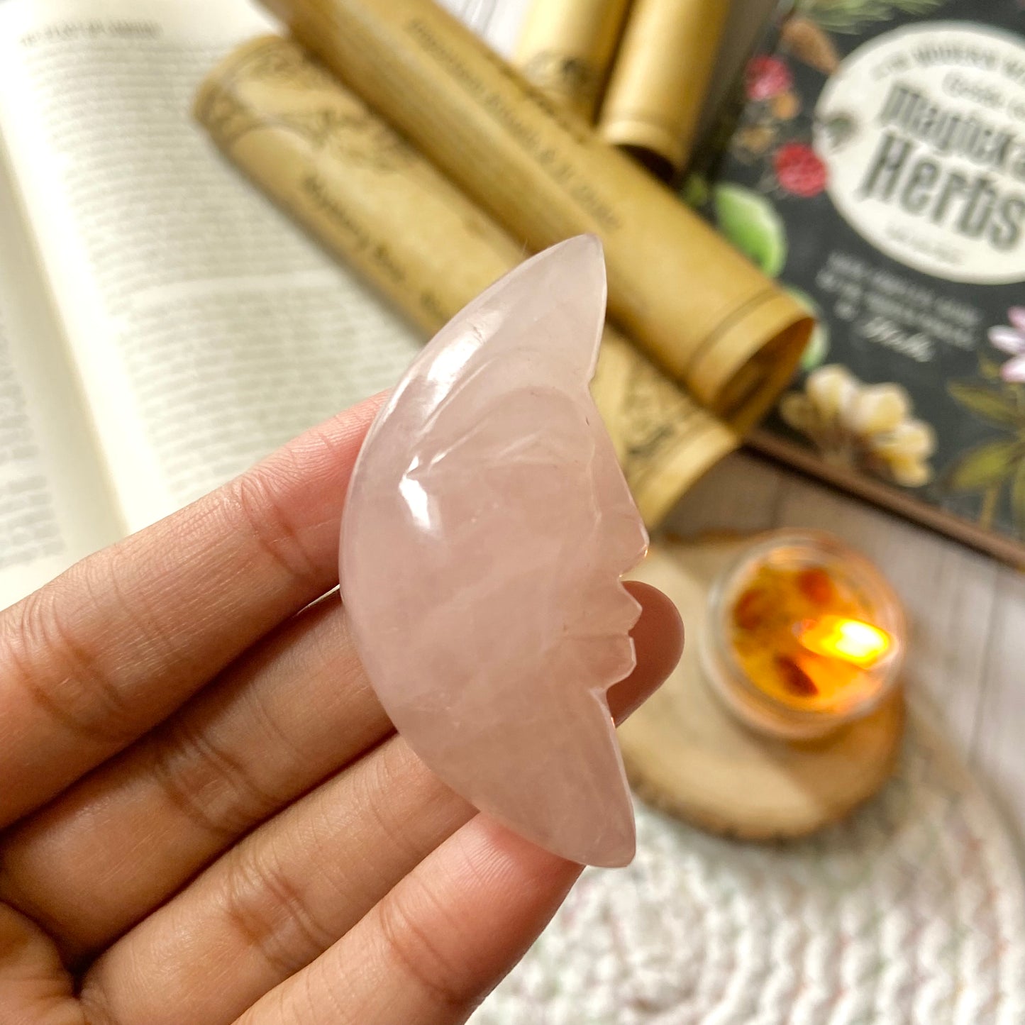 Rose Quartz Crescent Moon Crystal Carving | Stone of Love & Self Love