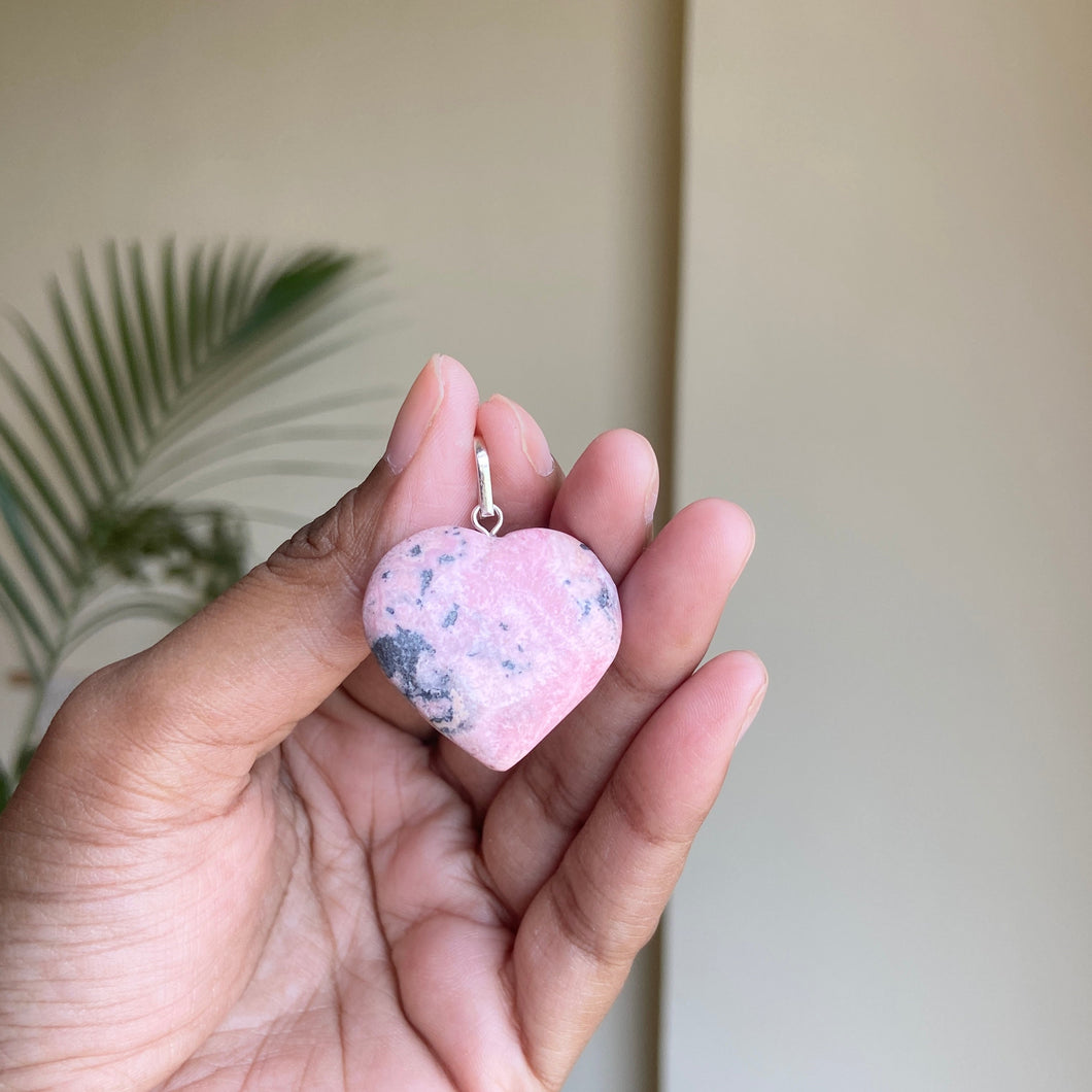 Pink Rhodonite mini Heart Pendant with Black Cord | Attract Love in general & Promotes inner Peace