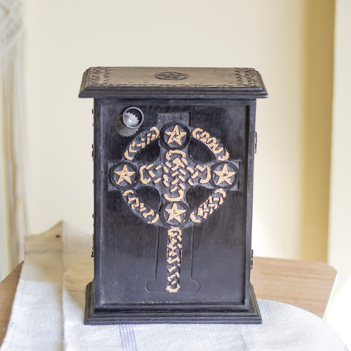 Black Wooden Altar Chest | Celtic Knot Cross Pentacle Altarware