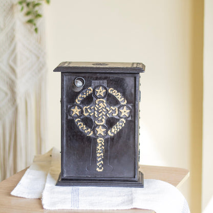 Black Wooden Altar Chest | Celtic Knot Cross Pentacle Altarware