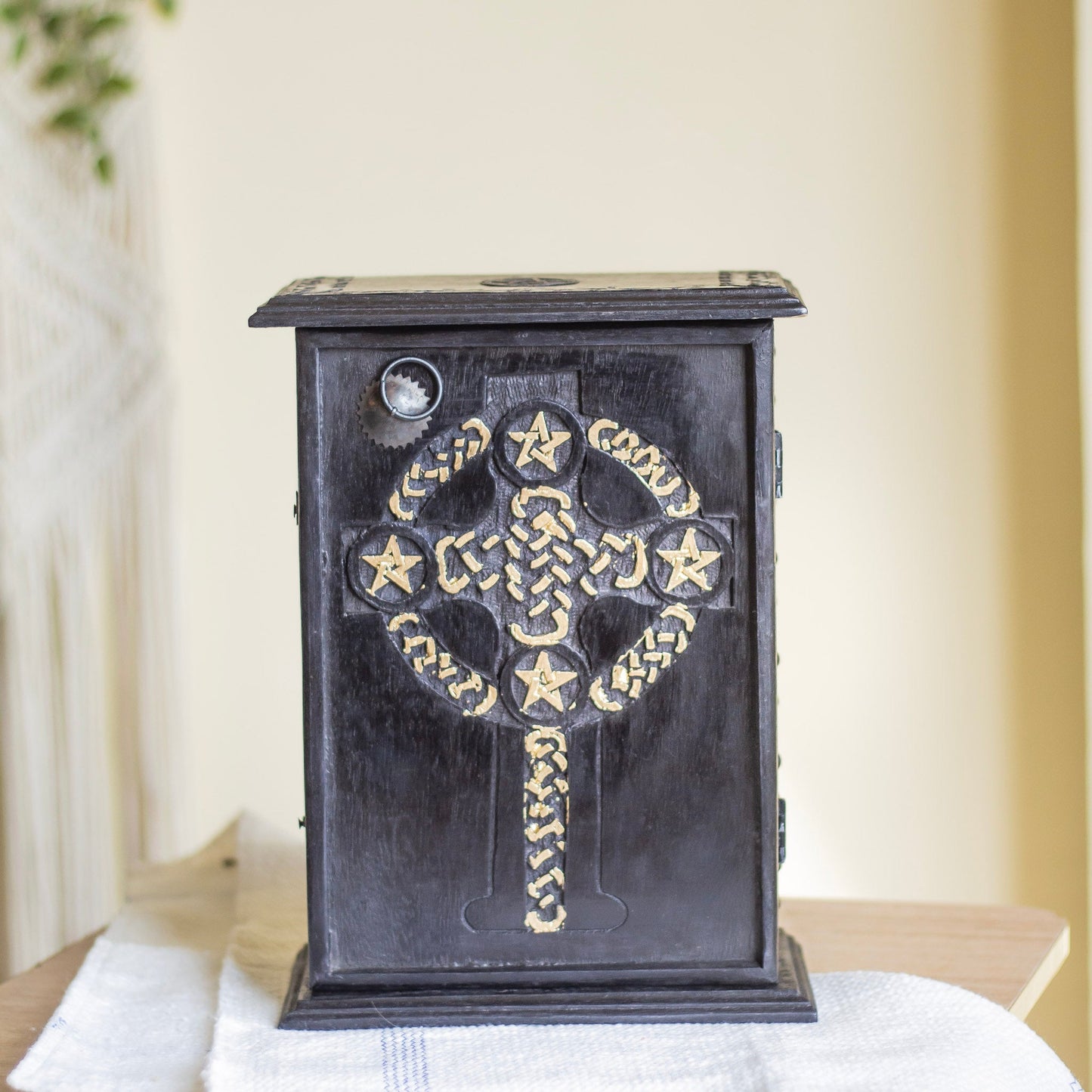 Black Wooden Altar Chest | Celtic Knot Cross Pentacle Altarware