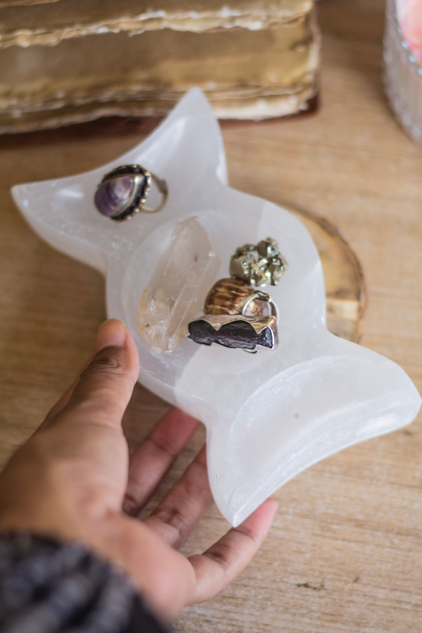 Medium Size Triple Moon Carved Selenite Bowl Crystal & Stones