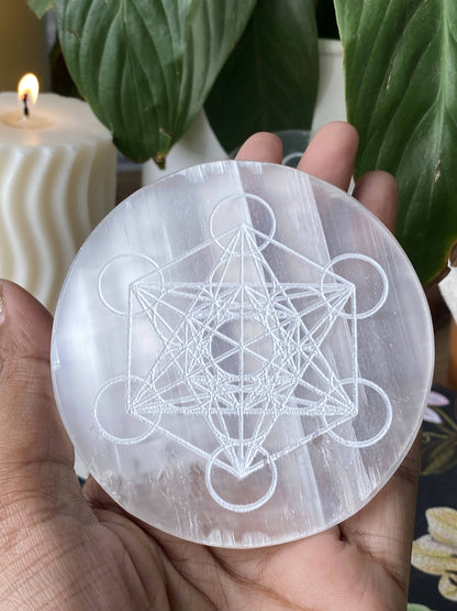 Metatron Cube Symbol Carved Selenite Plate Crystal & Stones