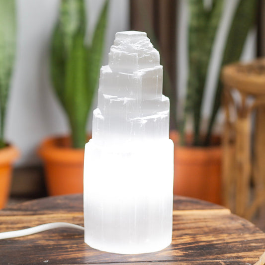 Selenite Tower White Light Lamp | 20 Cm Large Size Crystal & Stones