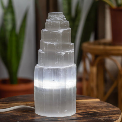 Selenite Tower White Light Lamp | 20 Cm Large Size Crystal & Stones