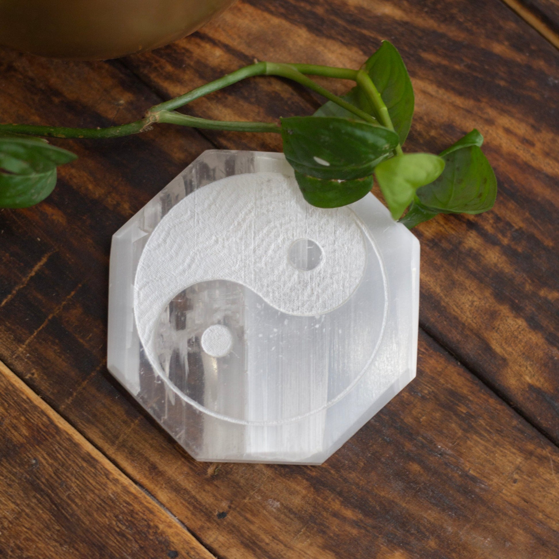 Yin Yang Symbol Carved Selenite Plate Crystal & Stones