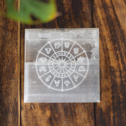 Zodiac Circle Carved Selenite Plate Crystal & Stones