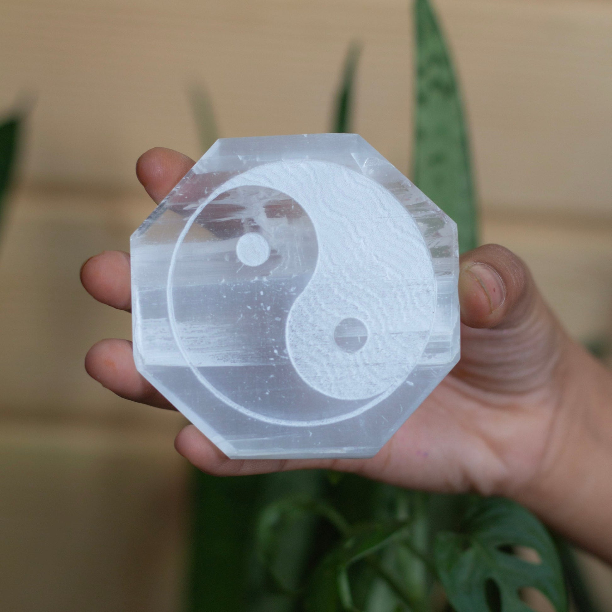 Yin Yang Symbol Carved Selenite Plate Crystal & Stones