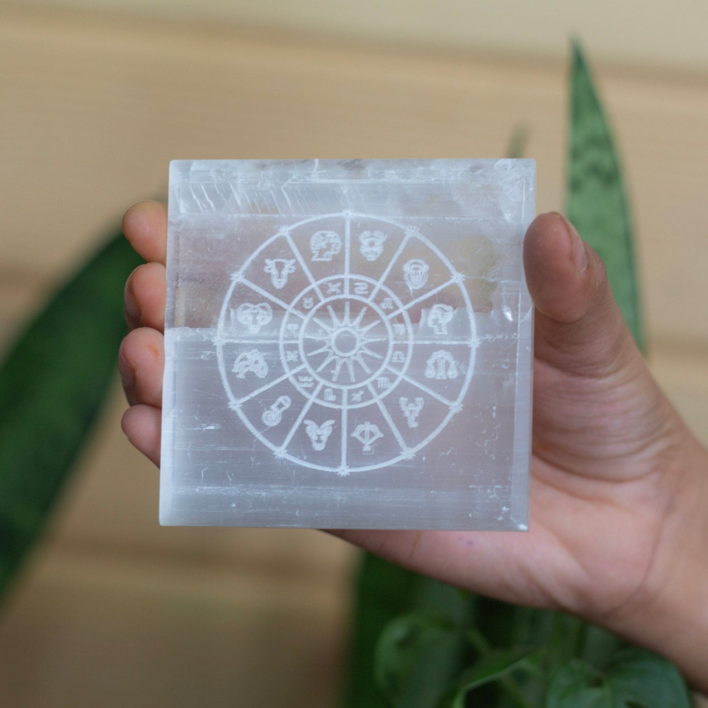 Zodiac Circle Carved Selenite Plate Crystal & Stones