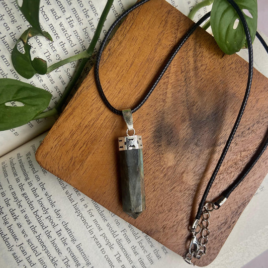 Labradorite Pencil Pendant With Leather Cord | Psychic Abilities & Intuition Crystal Stones