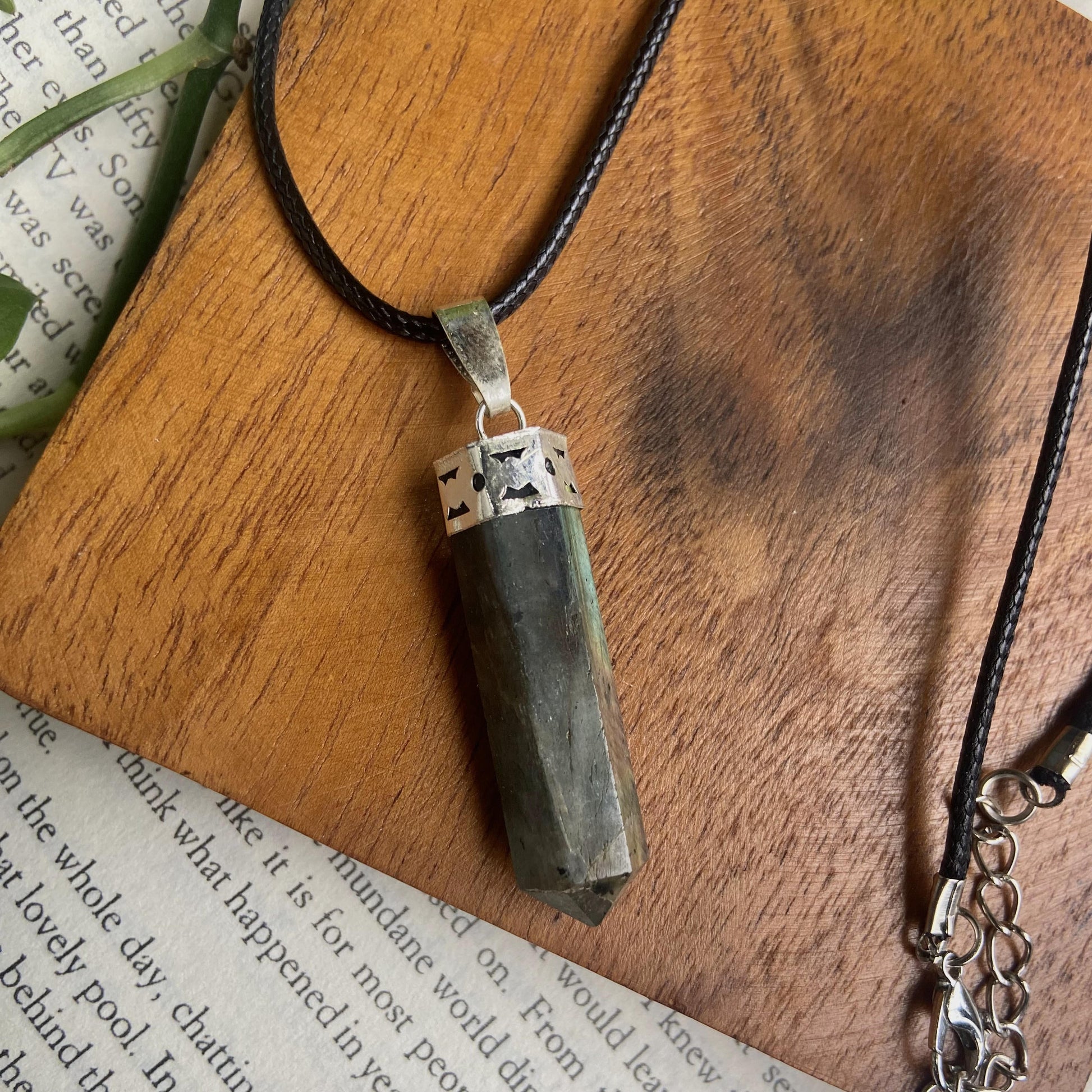 Labradorite Pencil Pendant With Leather Cord | Psychic Abilities & Intuition Crystal Stones