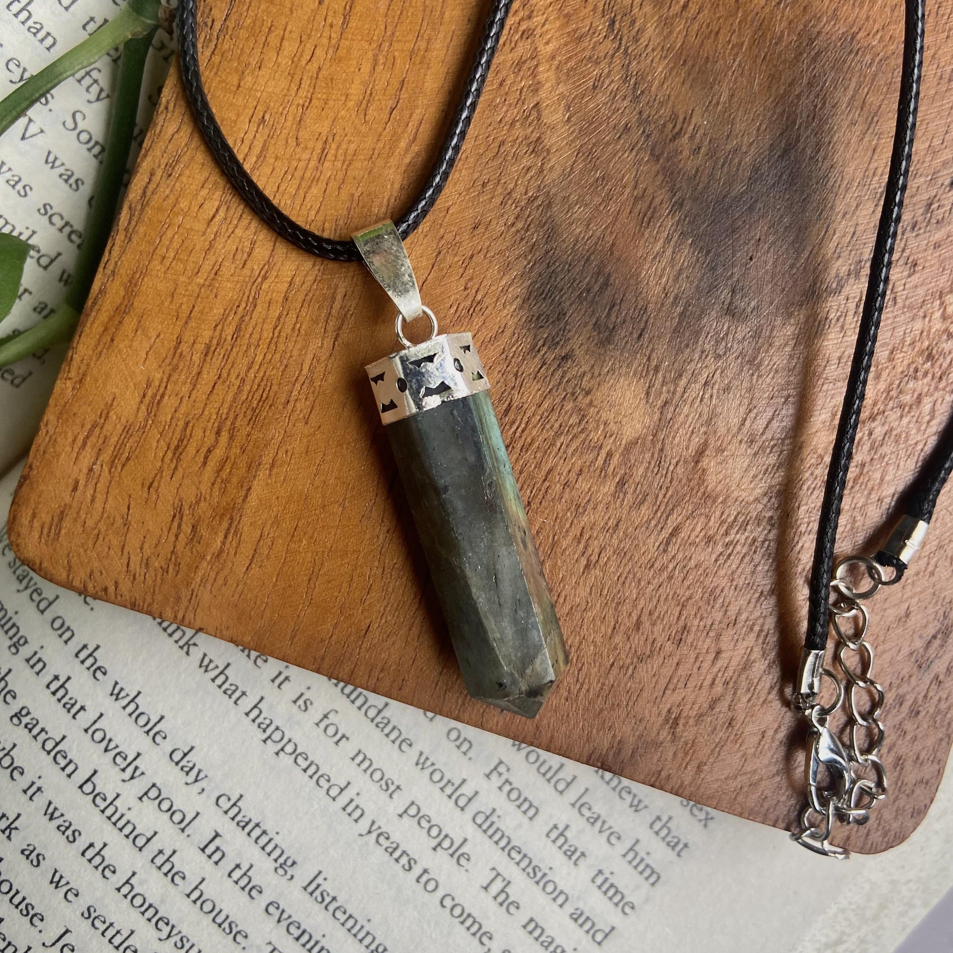 Labradorite Pencil Pendant With Leather Cord | Psychic Abilities & Intuition Crystal Stones