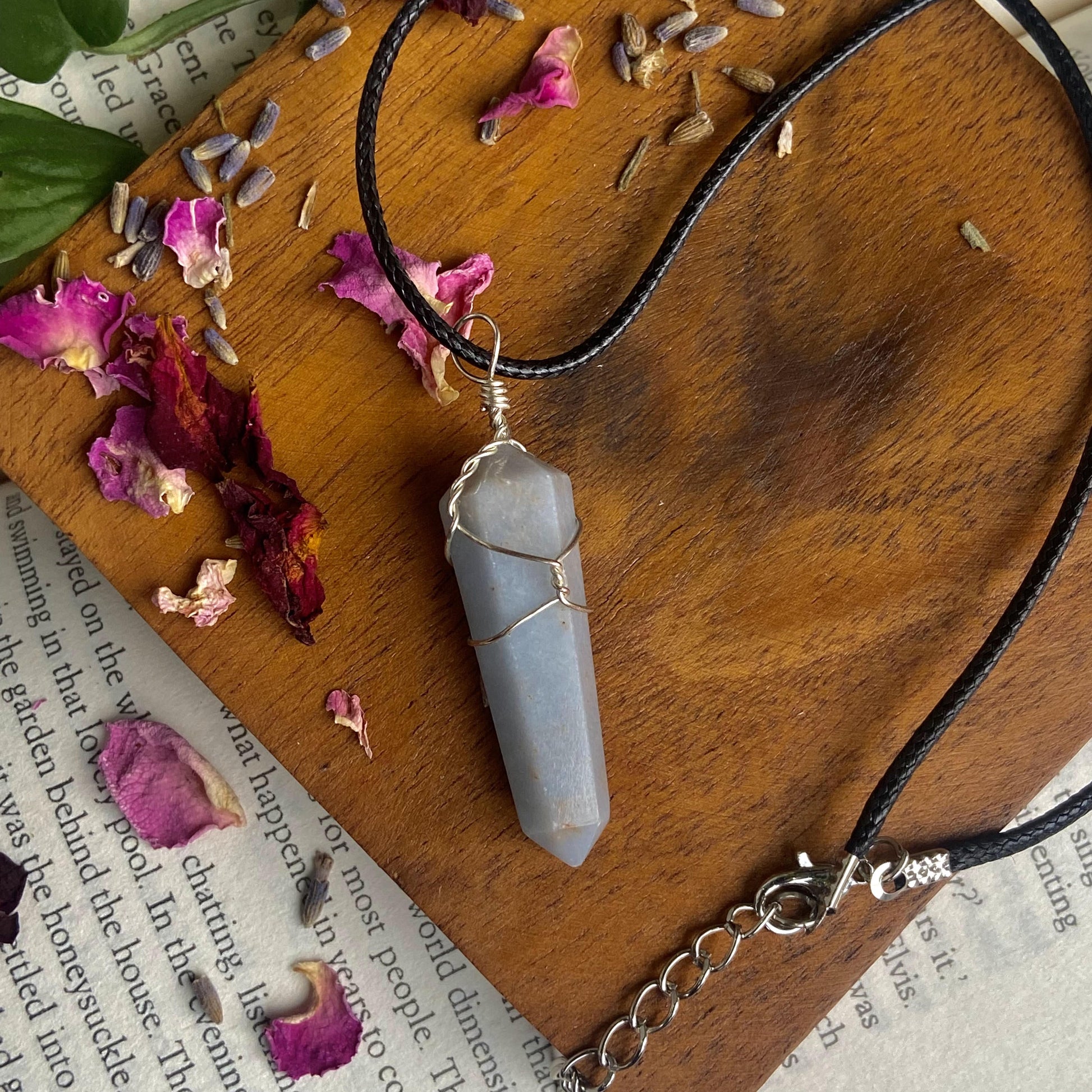 Angelite Point Pendant With Leather Cord | Stone To Connect Spirit Guides Crystal & Stones