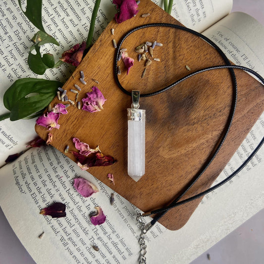 Selenite Pencil Pendant With Leather Cord | Cleansing & Purification Crown Chakra Crystal Stones