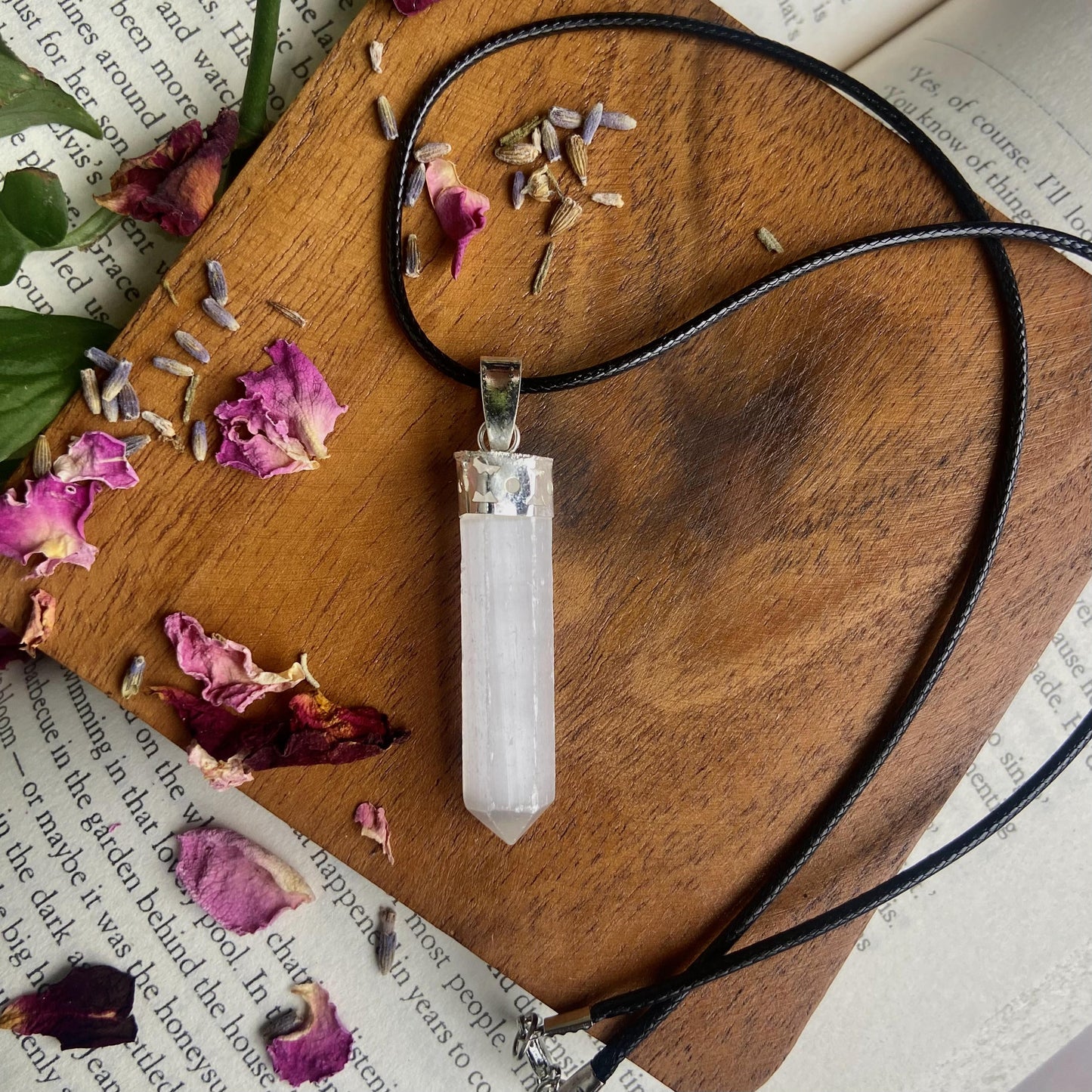 Selenite Pencil Pendant With Leather Cord | Cleansing & Purification Crown Chakra Crystal Stones