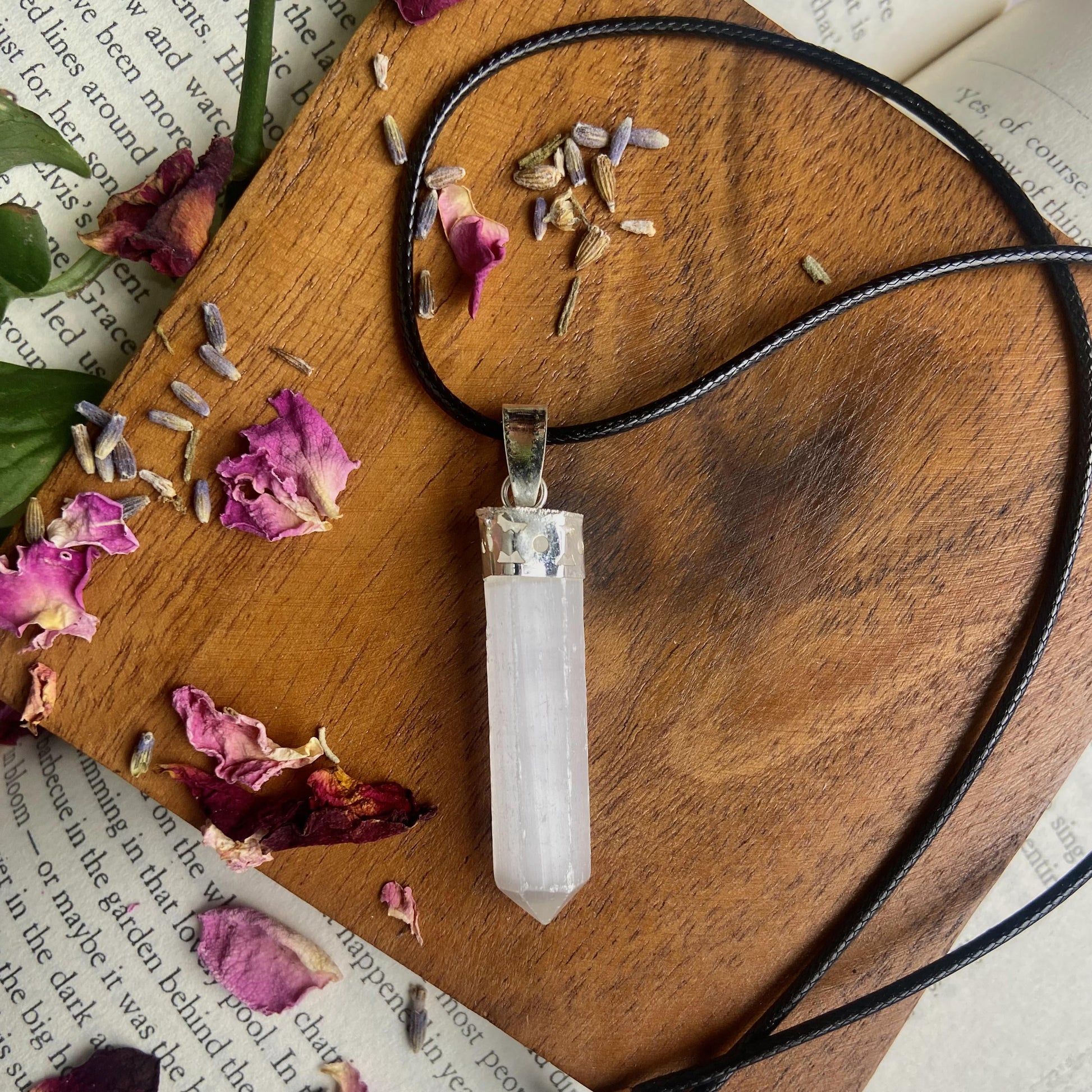 Selenite Pencil Pendant With Leather Cord | Cleansing & Purification Crown Chakra Crystal Stones