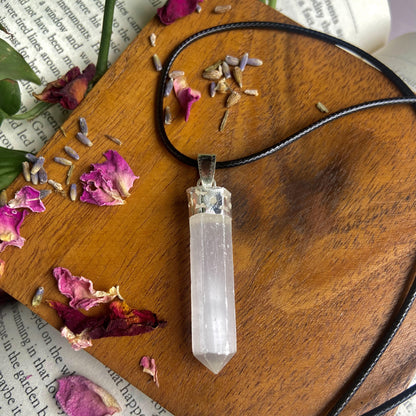 Selenite Pencil Pendant With Leather Cord | Cleansing & Purification Crown Chakra Crystal Stones