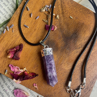 Lepidolite Pencil Pendant With Leather Cord | Clear Blockages Of Heart Chakra & Third Eye Crystal