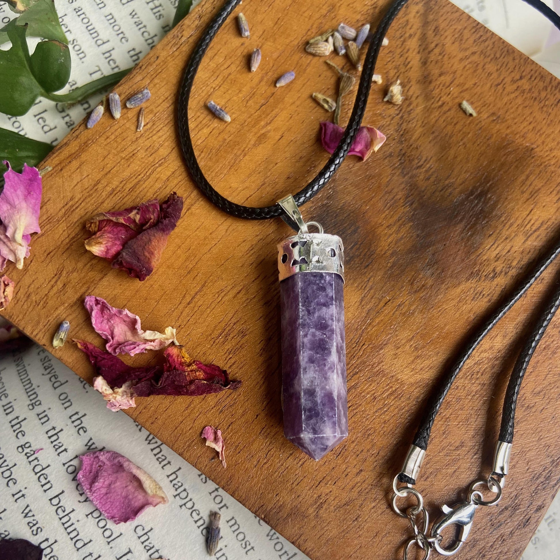 Lepidolite Pencil Pendant With Leather Cord | Clear Blockages Of Heart Chakra & Third Eye Crystal