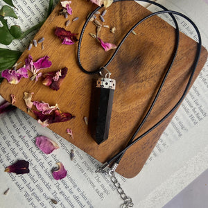 Black Tourmaline Pencil Pendant with leather cord | Grounding & Protection