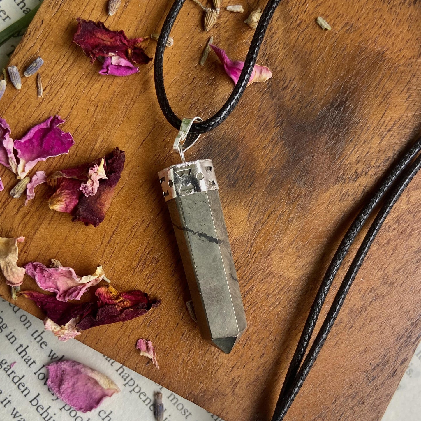 Pyrite Pencil Pendant With Leather Cord | Prosperity & Financial Abundance Crystal Stones