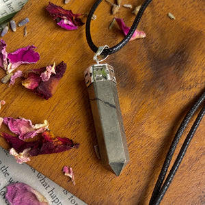 Pyrite Pencil Pendant with leather cord | Prosperity & financial abundance