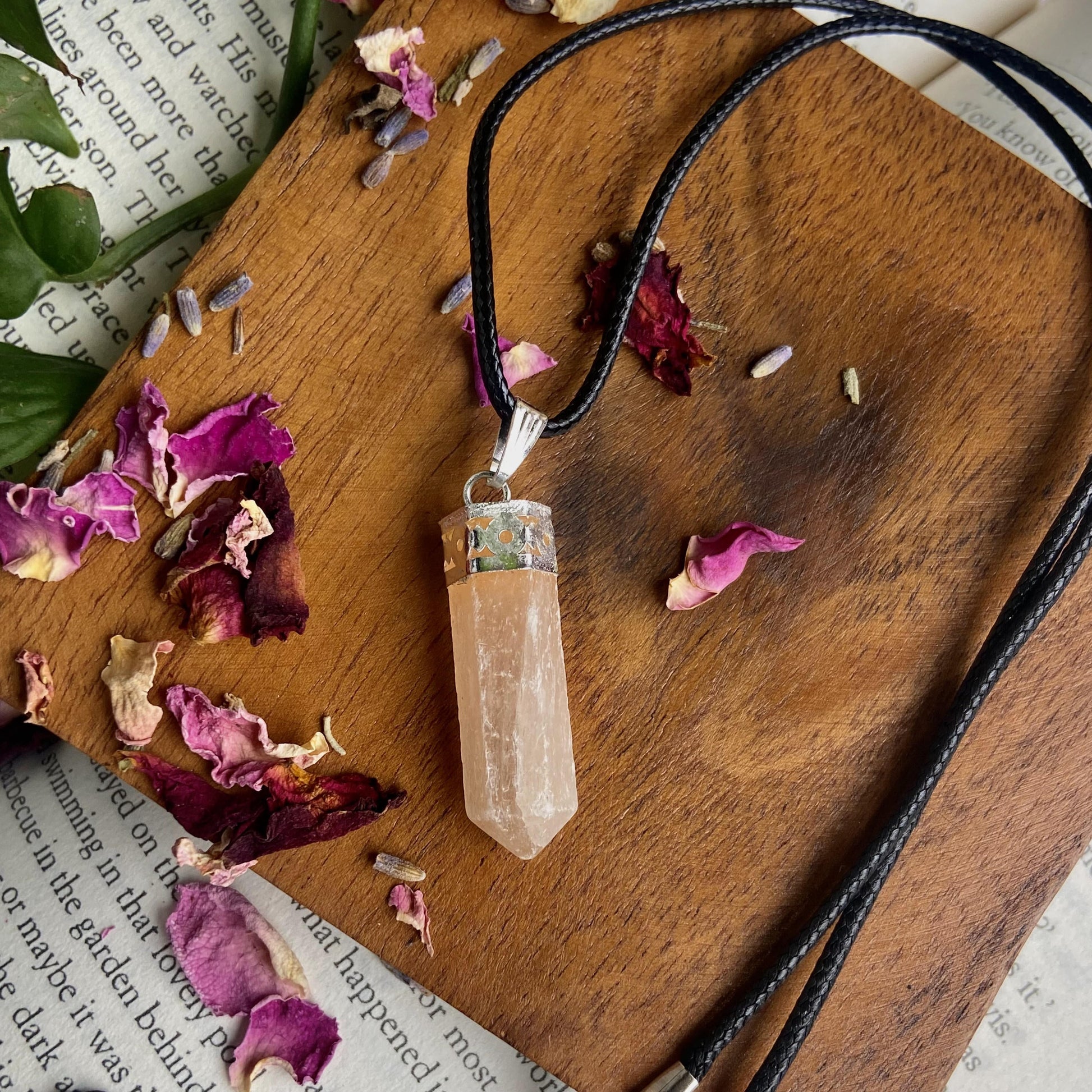 Orange Selenite Pencil Pendant With Leather Cord | Spiritual Protection Crystal & Stones