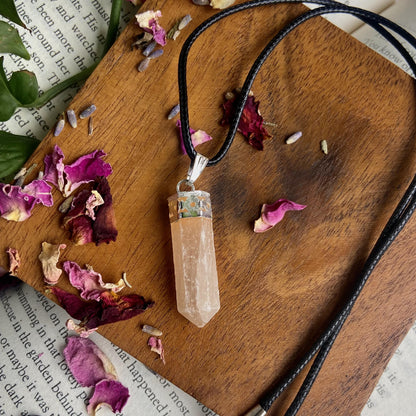 Orange Selenite Pencil Pendant With Leather Cord | Spiritual Protection Crystal & Stones