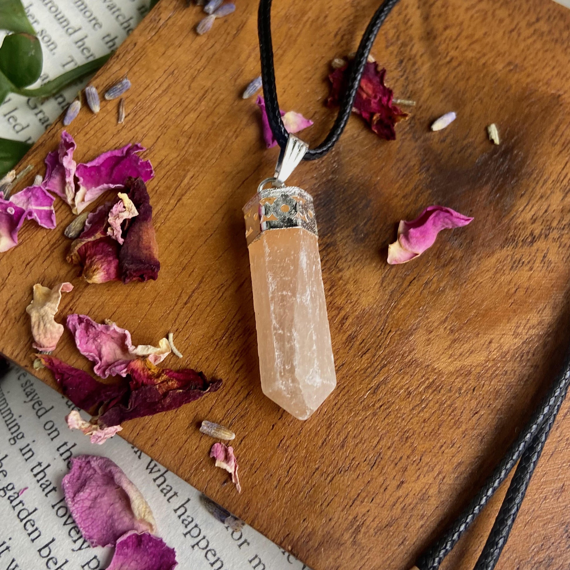 Orange Selenite Pencil Pendant With Leather Cord | Spiritual Protection Crystal & Stones