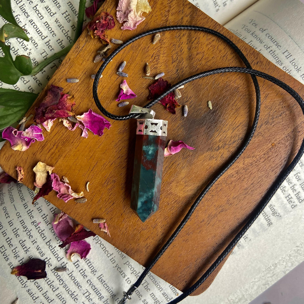 Bloodstone Pencil Pendant with leather cord | Healing
