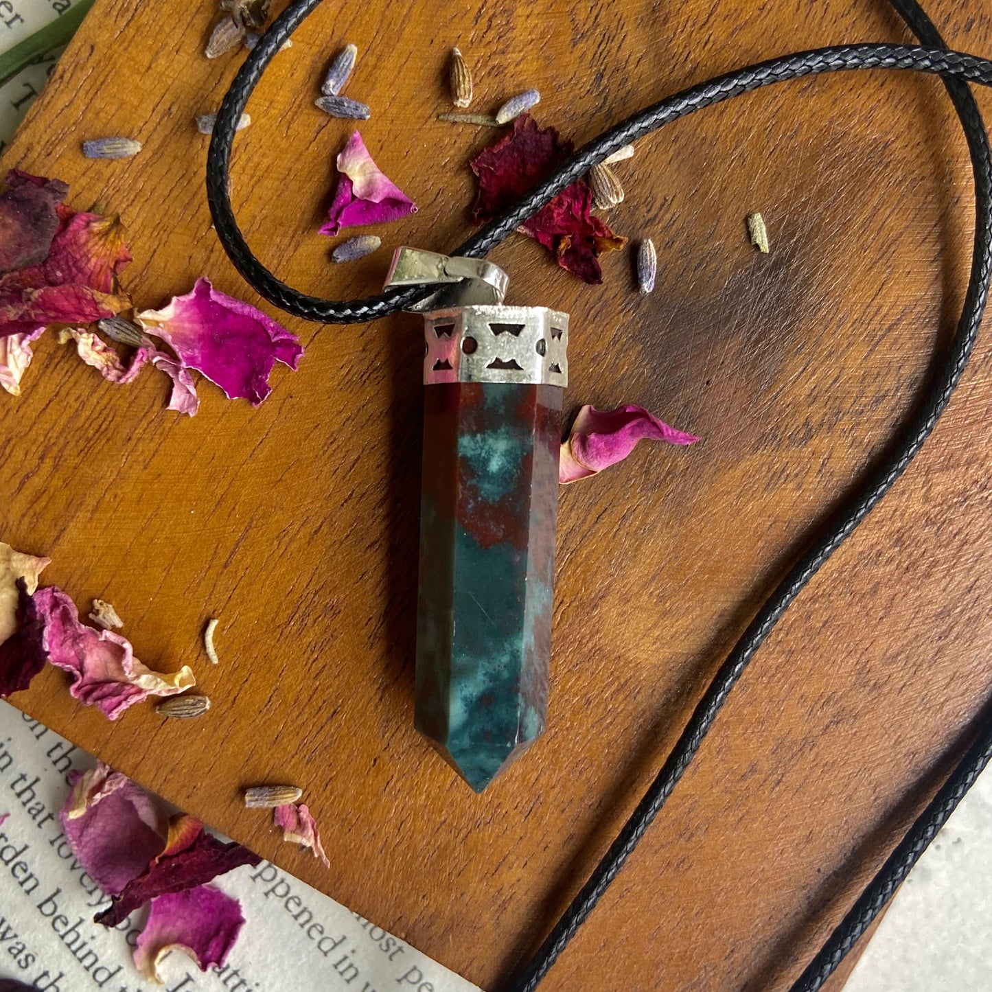 Bloodstone Pencil Pendant With Leather Cord | Healing Crystal & Stones