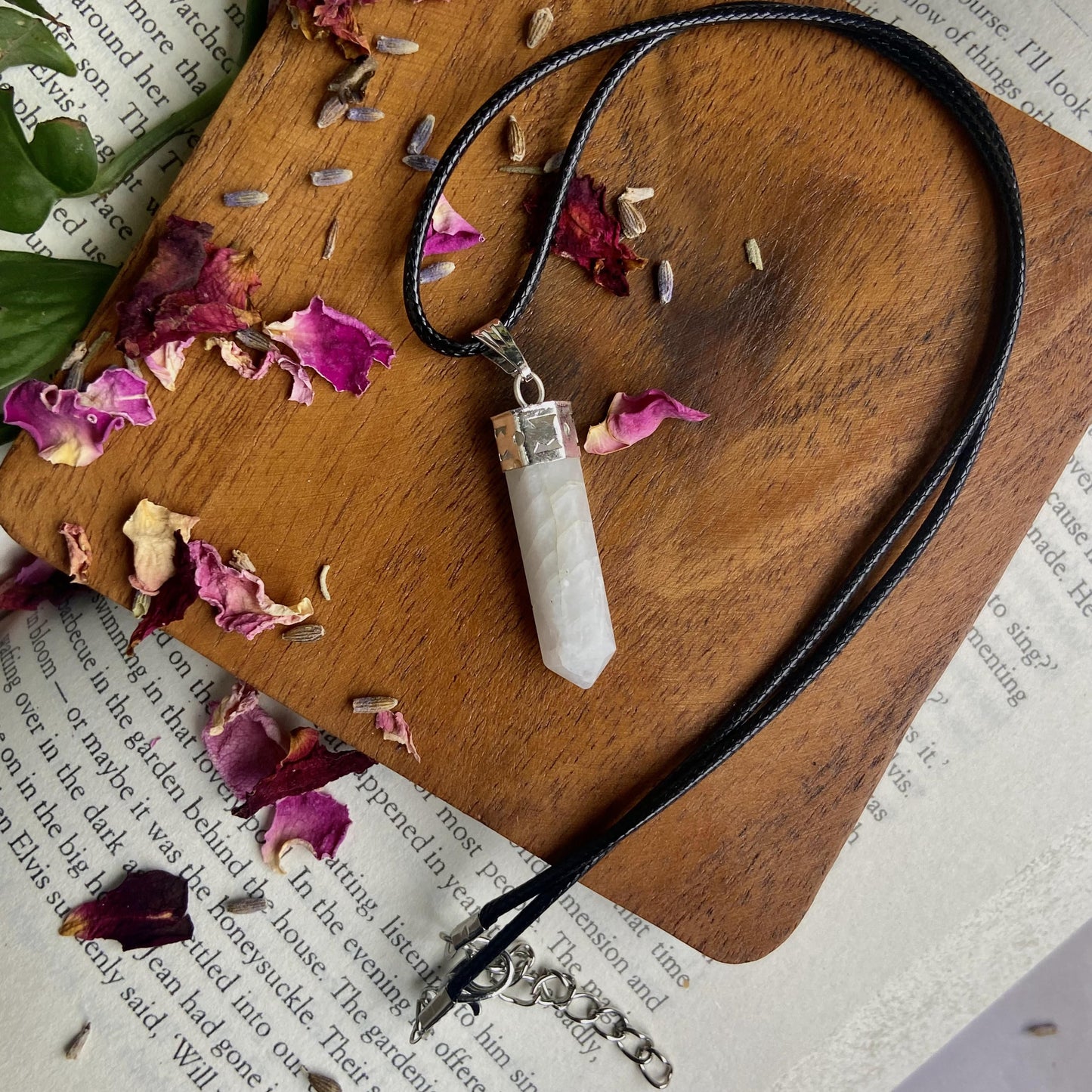 Rainbow Moonstone Pencil Pendant With Leather Cord | Cool Downs The Emotional Stress Crystal &