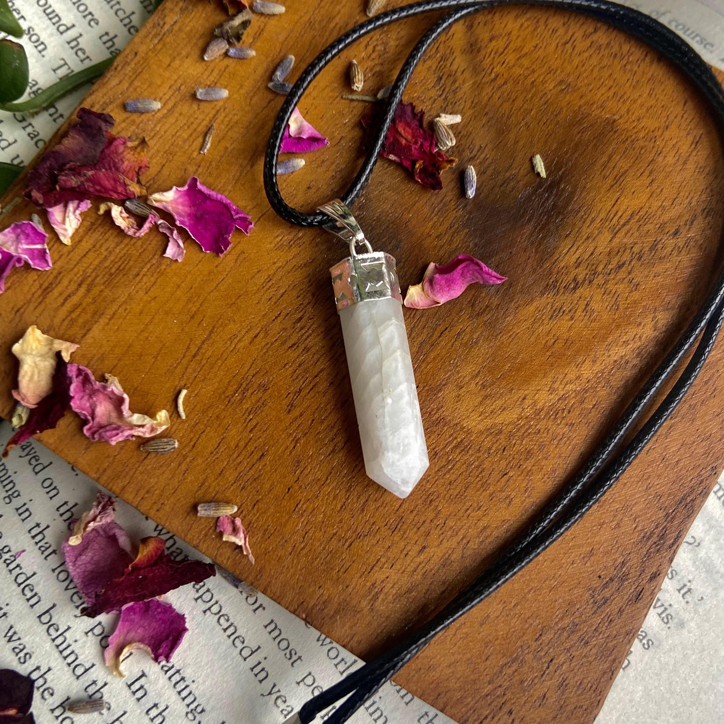 Rainbow Moonstone Pencil Pendant With Leather Cord | Cool Downs The Emotional Stress Crystal &