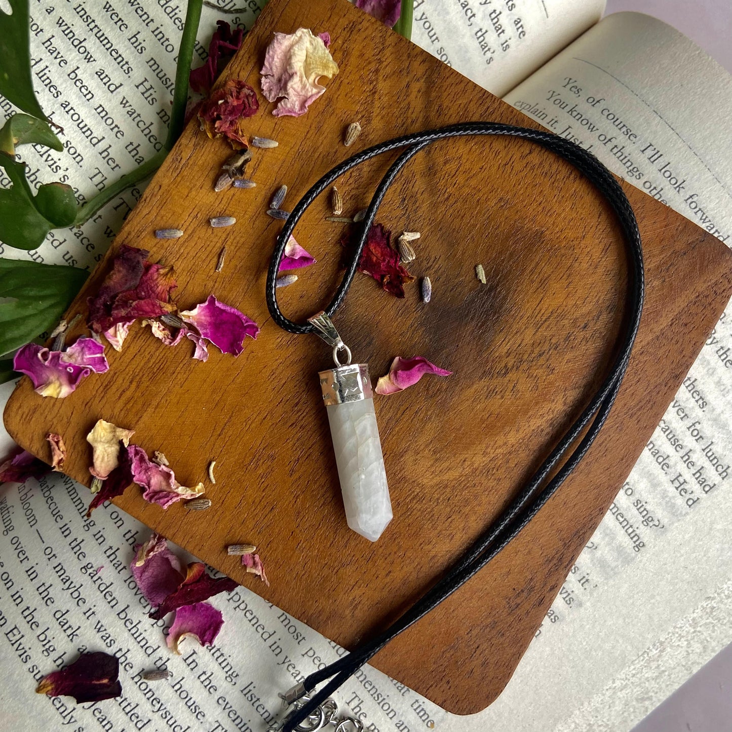 Rainbow Moonstone Pencil Pendant With Leather Cord | Cool Downs The Emotional Stress Crystal &