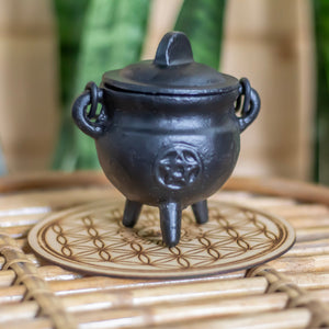 Pentacle Carved Cast Iron small Cauldron