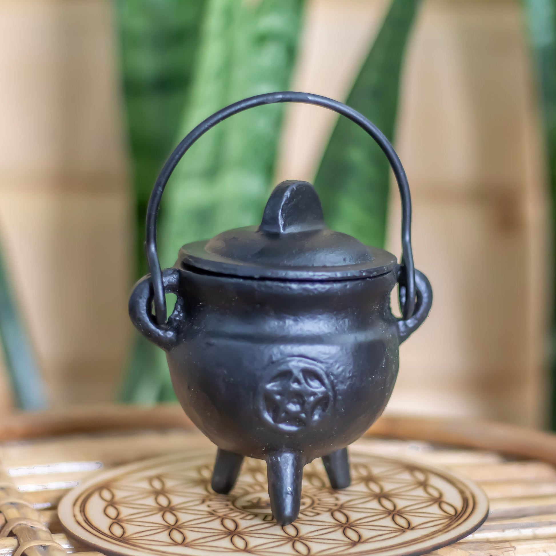 Pentacle Carved Cast Iron Small Cauldron Altarware | Altar