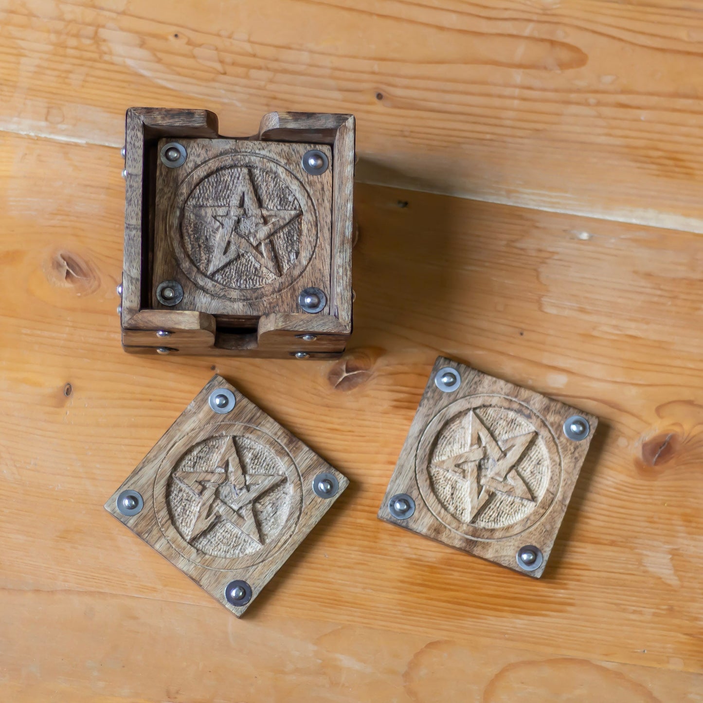 Vintage Pentacle Carved Wooden Coaster | Set Of 6 Altarware Altar