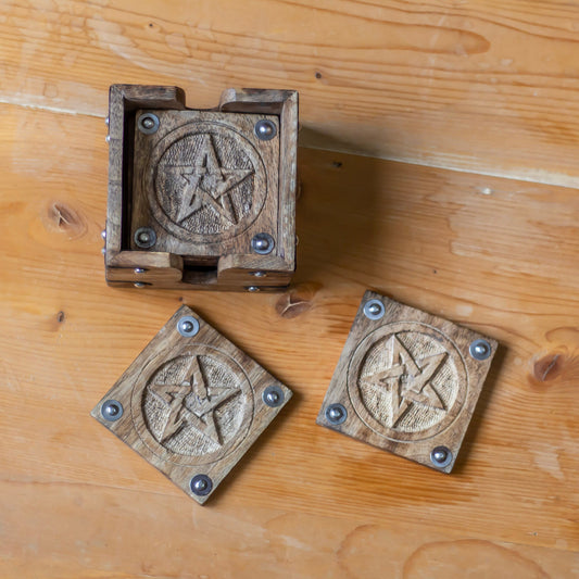 Vintage Pentacle Carved Wooden Coaster | Set Of 6 Altarware Altar