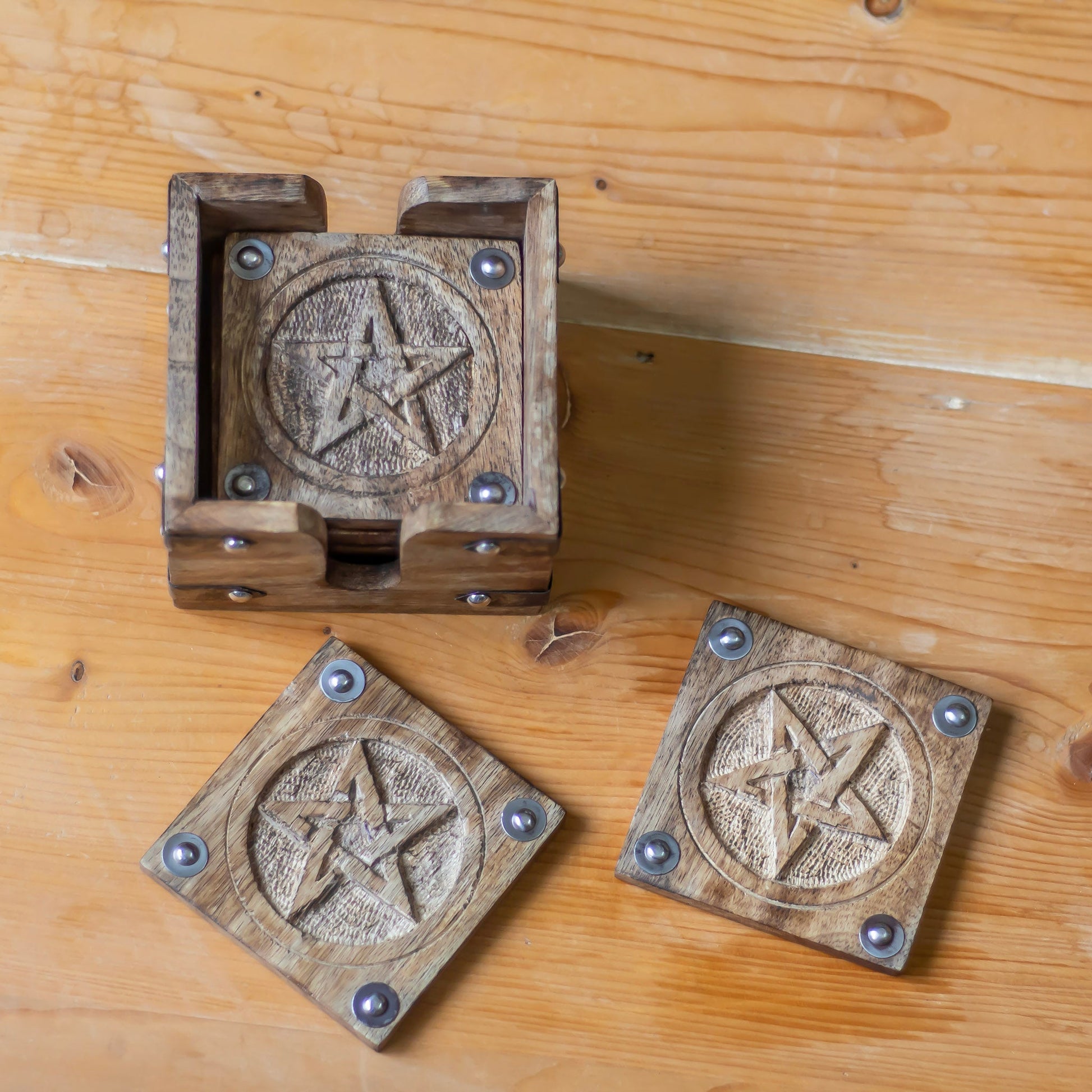 Vintage Pentacle Carved Wooden Coaster | Set Of 6 Altarware Altar