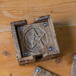 Vintage Pentacle Carved wooden coaster | Set of 6