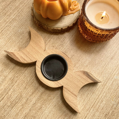Triple Moon wooden tealight candle holder