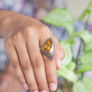 Tiger's eye Oxidised Crystal Ring | Promotes wealth & Protection